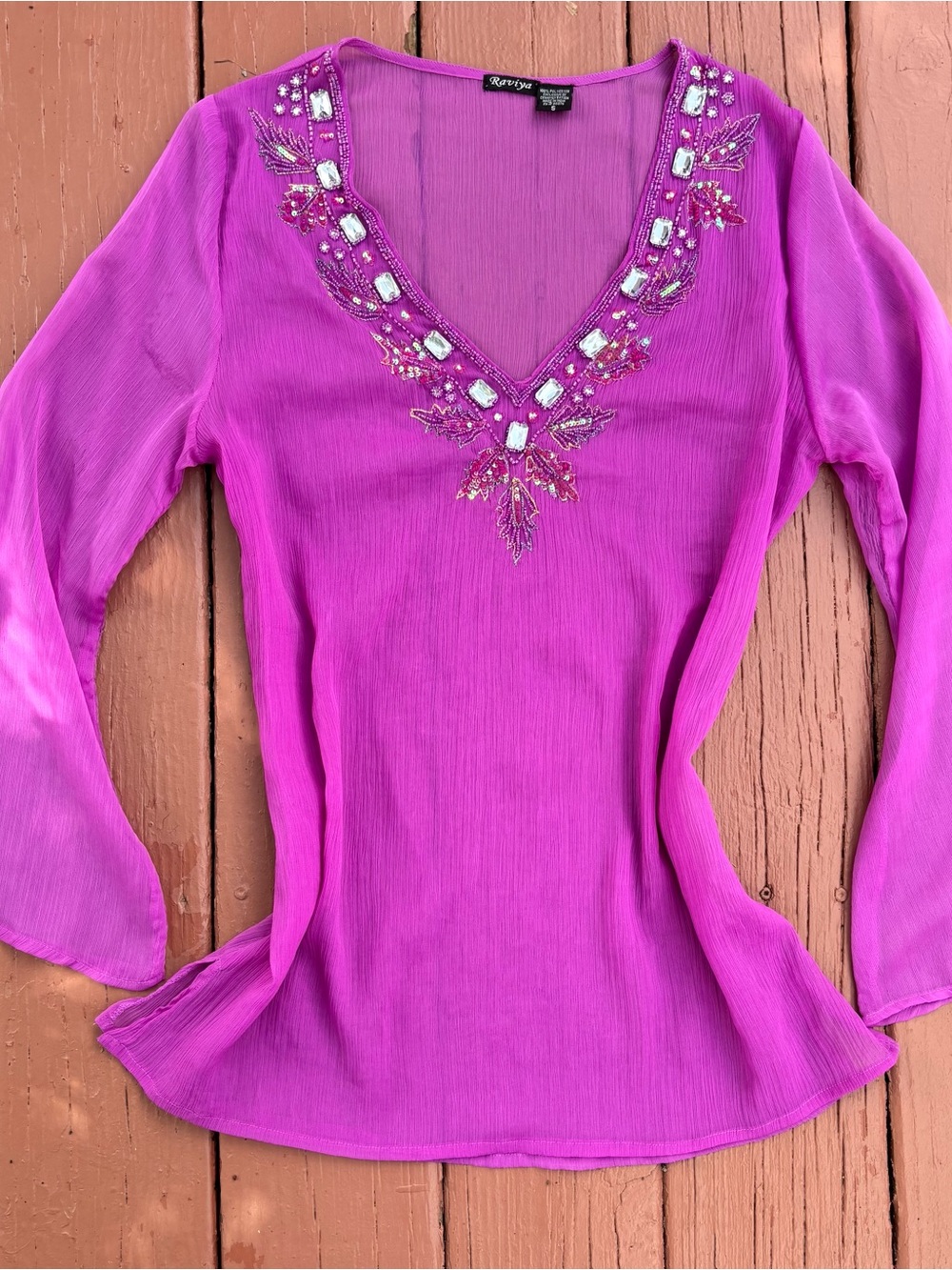 Y2K Raviya Magenta Beaded Sequin V-Neck Blouse with Bell Sleeves Size S